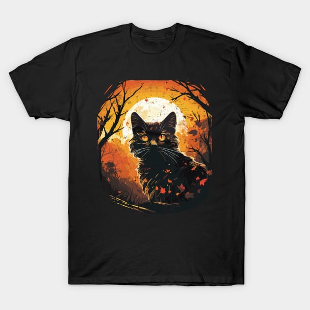 Retro Vintage Style Halloween Black Cat, Autumn Moon T-Shirt by RuftupDesigns